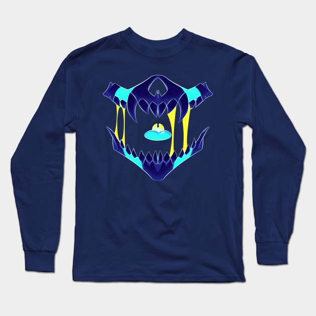 Demon Skull Mask 7 BIG NEON BLUE GLOW Long Sleeve T-Shirt by Niall Byrne